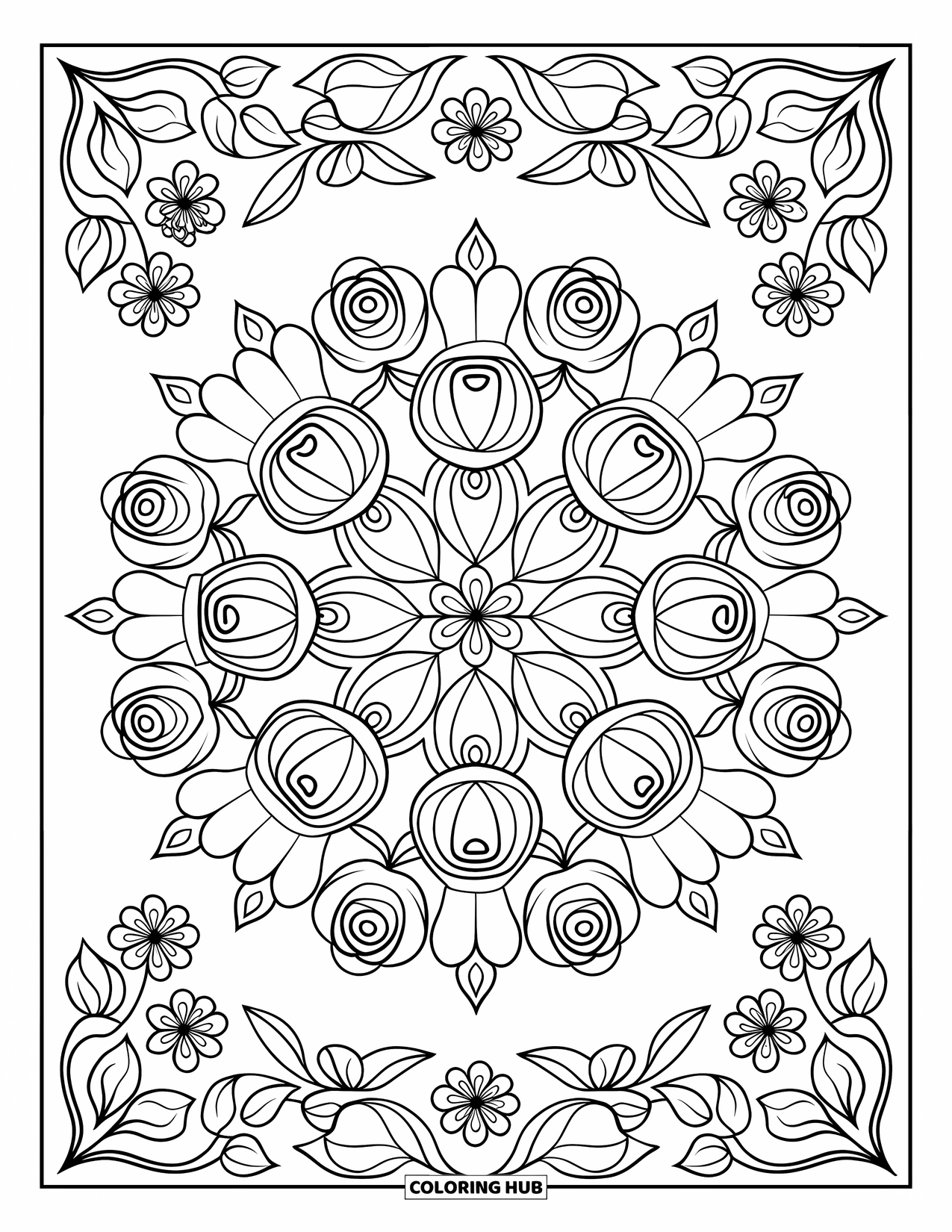Desenho de rosa para colorir para adultos: Uma mandala floral simétrica com rosas em seu núcleo, cercada por padrões elegantes