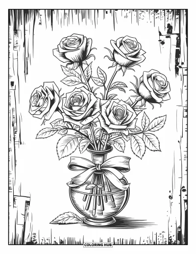 Rose Coloring Page for Adults: A thorny bouquet of roses wrapped in ribbon and placed in a decorative vase