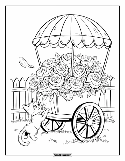 Rose Coloring Page for Adults: A tiny cart filled with roses and bows, as a curious kitten paws at its wheel