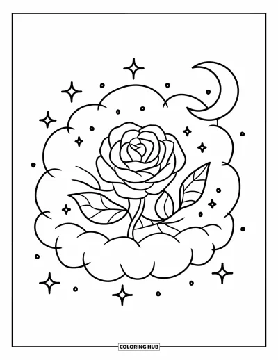 Rose Coloring Page for Adults: A tiny rose curled up in a fluffy cloud, surrounded by sparkles and a crescent moon