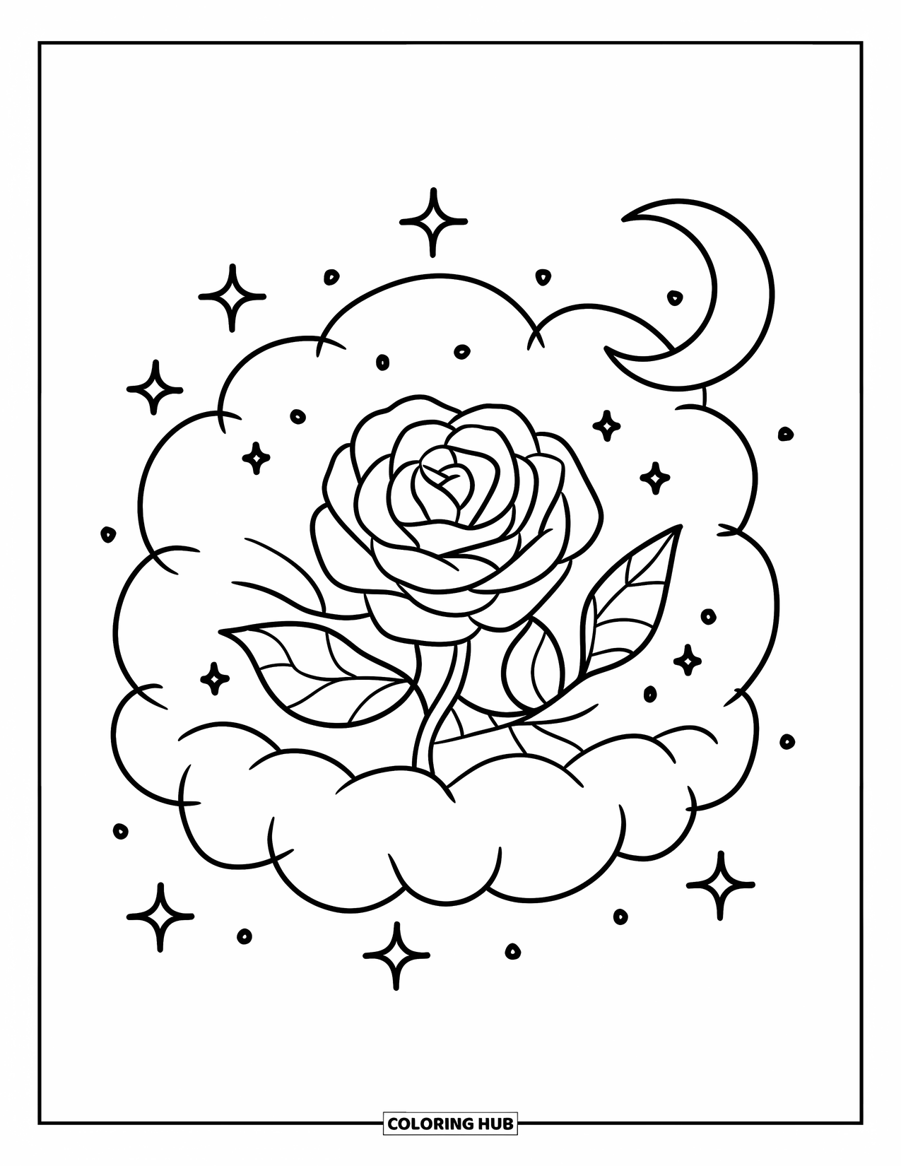 Desenho de rosa para colorir para adultos: Uma pequena rosa enrolada em uma nuvem fofa, cercada por brilhos e uma lua crescente