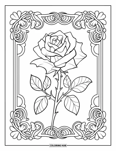 Rose Coloring Page for Adults: A Victorian-inspired frame surrounding a detailed rose with bold outlines