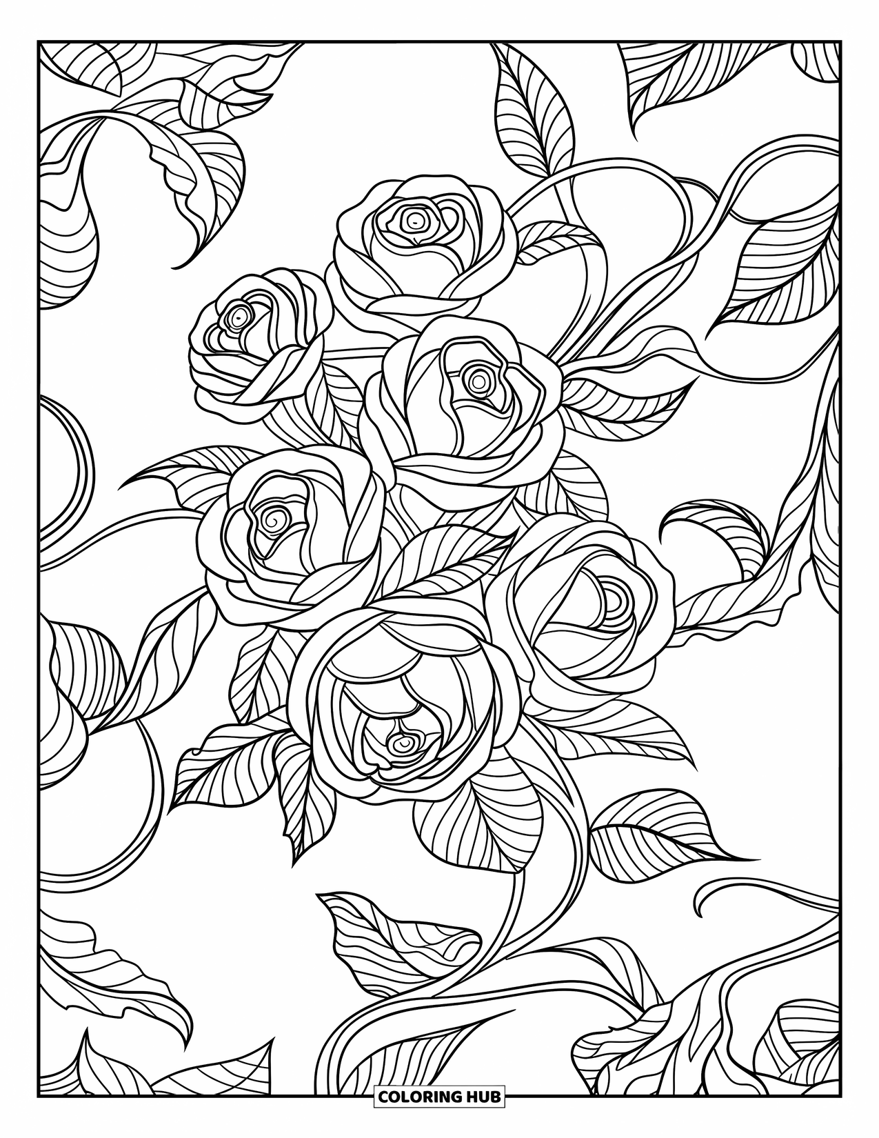 Desenho de rosa para colorir para adultos: Um design elaborado de rosa e trepadeira, preenchido com detalhes florais rodopiantes
