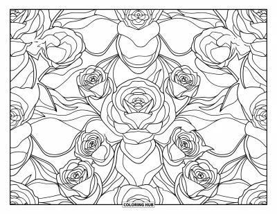 Rose Coloring Page for Adults: An intricate design of layered roses and wavy leaves, forming a repeating pattern