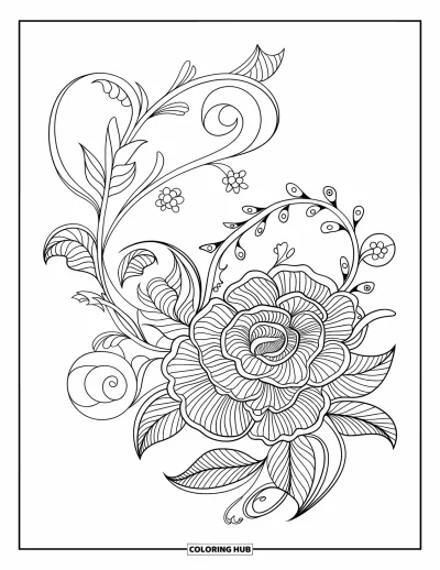 Rose Coloring Page for Adults: An intricate lace-style rose surrounded by elegant swirls and floral elements