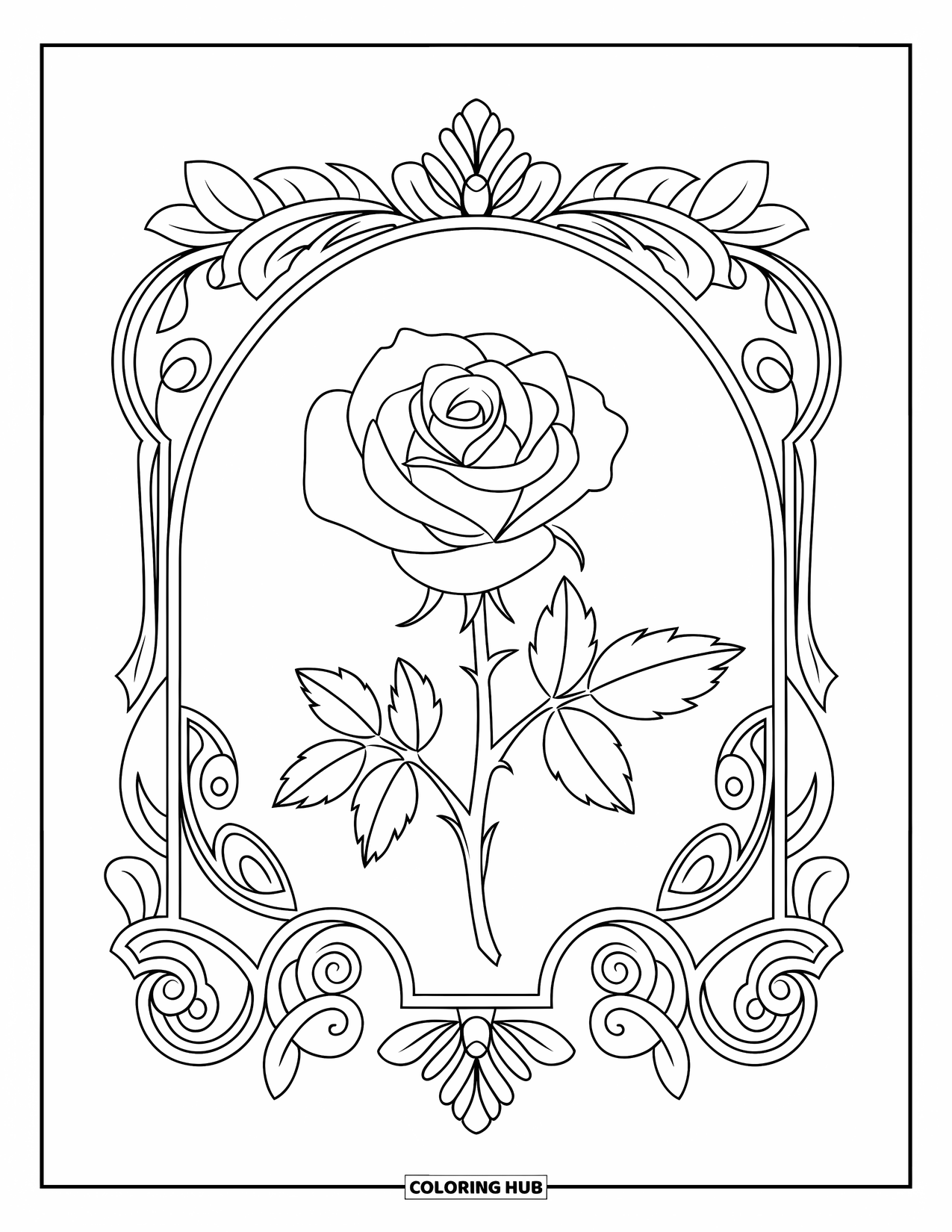 Desenho de rosa para colorir para adultos: Uma rosa intrincadamente emoldurada, envolta em uma borda decorativa em estilo vitoriano