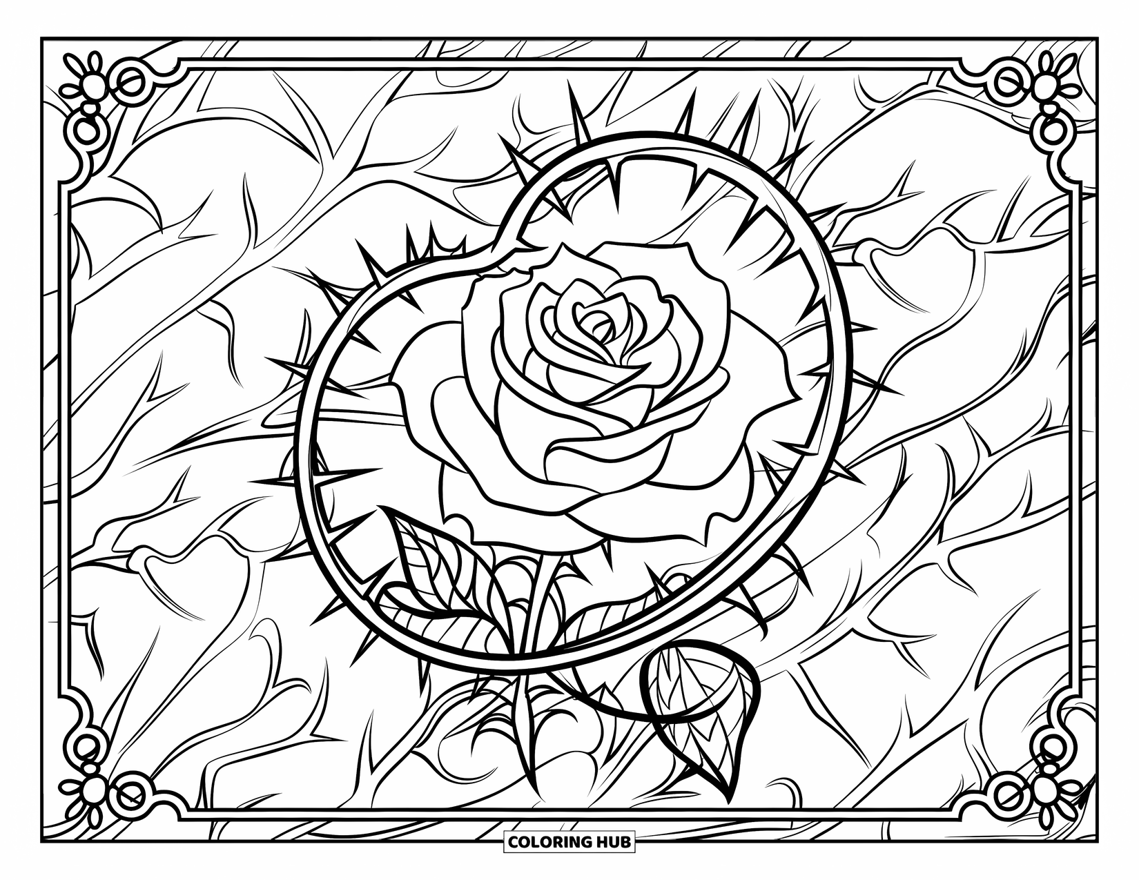 Desenho de rosa para colorir para adultos: Uma rosa gótica ornamentada com espinhos retorcidos, em um fundo texturizado
