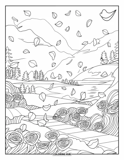 Rose Coloring Page for Adults: Floating rose petals drifting in the wind against a serene mountain landscape