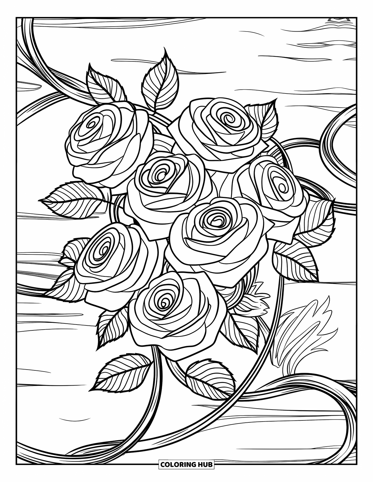 Desenho de rosa para colorir para adultos: Rosas e trepadeiras se entrelaçando em um padrão floral intrincado e detalhado