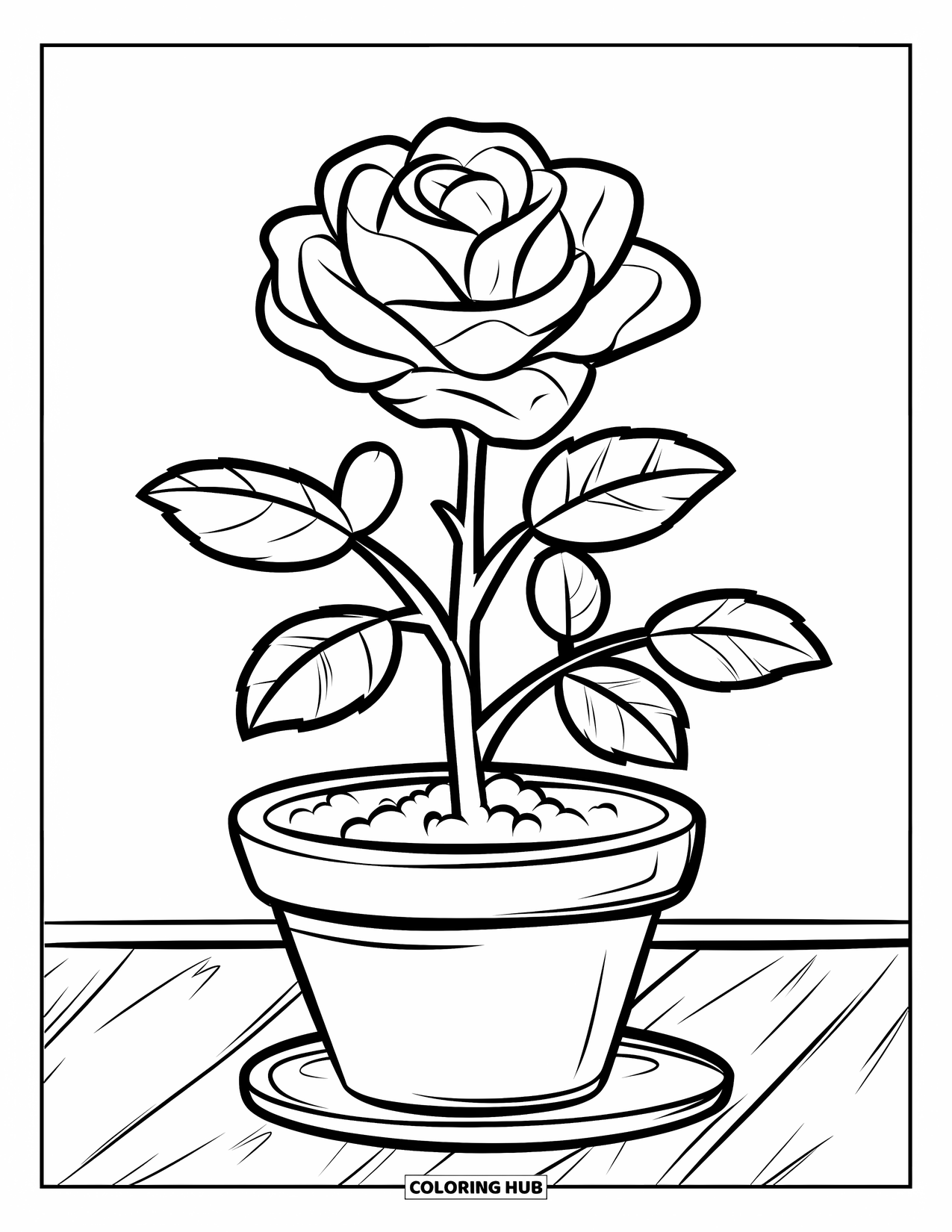Desenho de rosa para colorir para crianças: Uma rosa florescendo em um vaso decorativo, colocado em um suporte de madeira