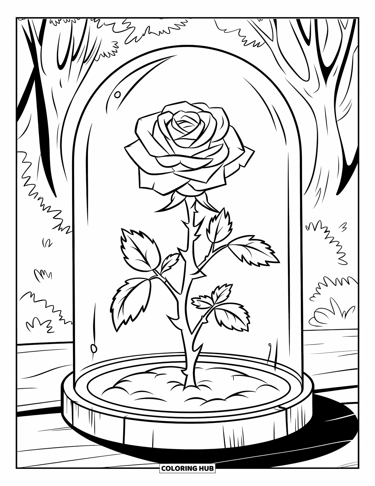 Desenho de rosa para colorir para crianças: Uma rosa florescendo dentro de uma redoma de vidro, apoiada em um suporte de madeira em uma floresta
