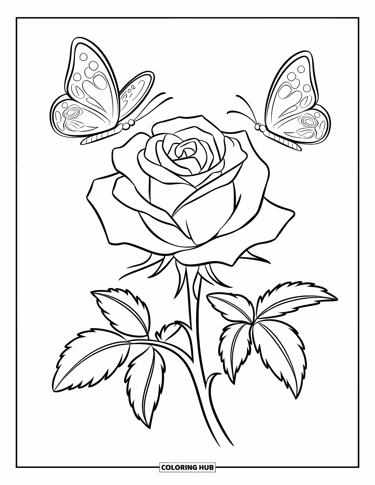 Desenho de rosa para colorir para crianças: Uma rosa florescendo com duas borboletas voando graciosamente ao redor