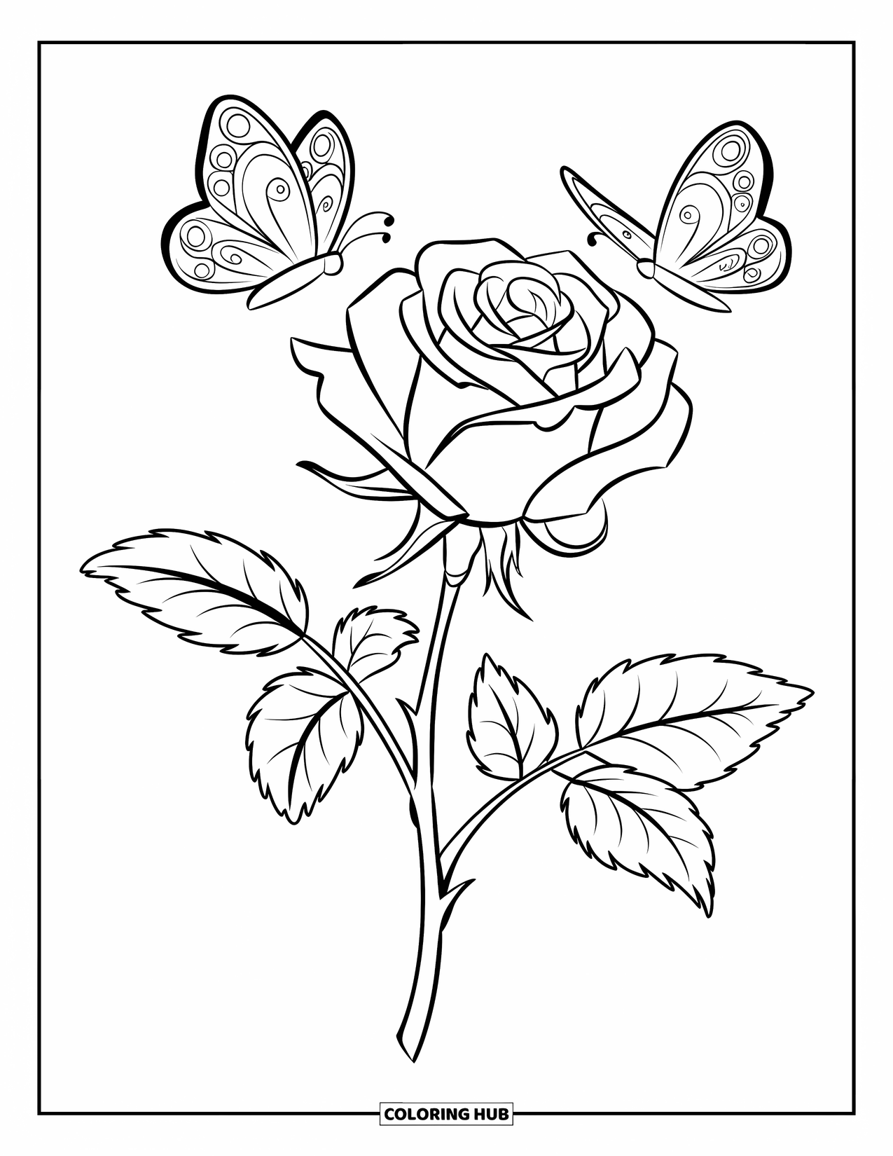 Desenho de rosa para colorir para crianças: Uma rosa florescendo com duas borboletas pairando por perto em um design tranquilo