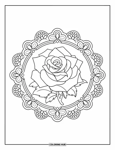 Rose Coloring Page for Kids: A bold-outlined rose placed at the center of an intricate lace-like floral frame