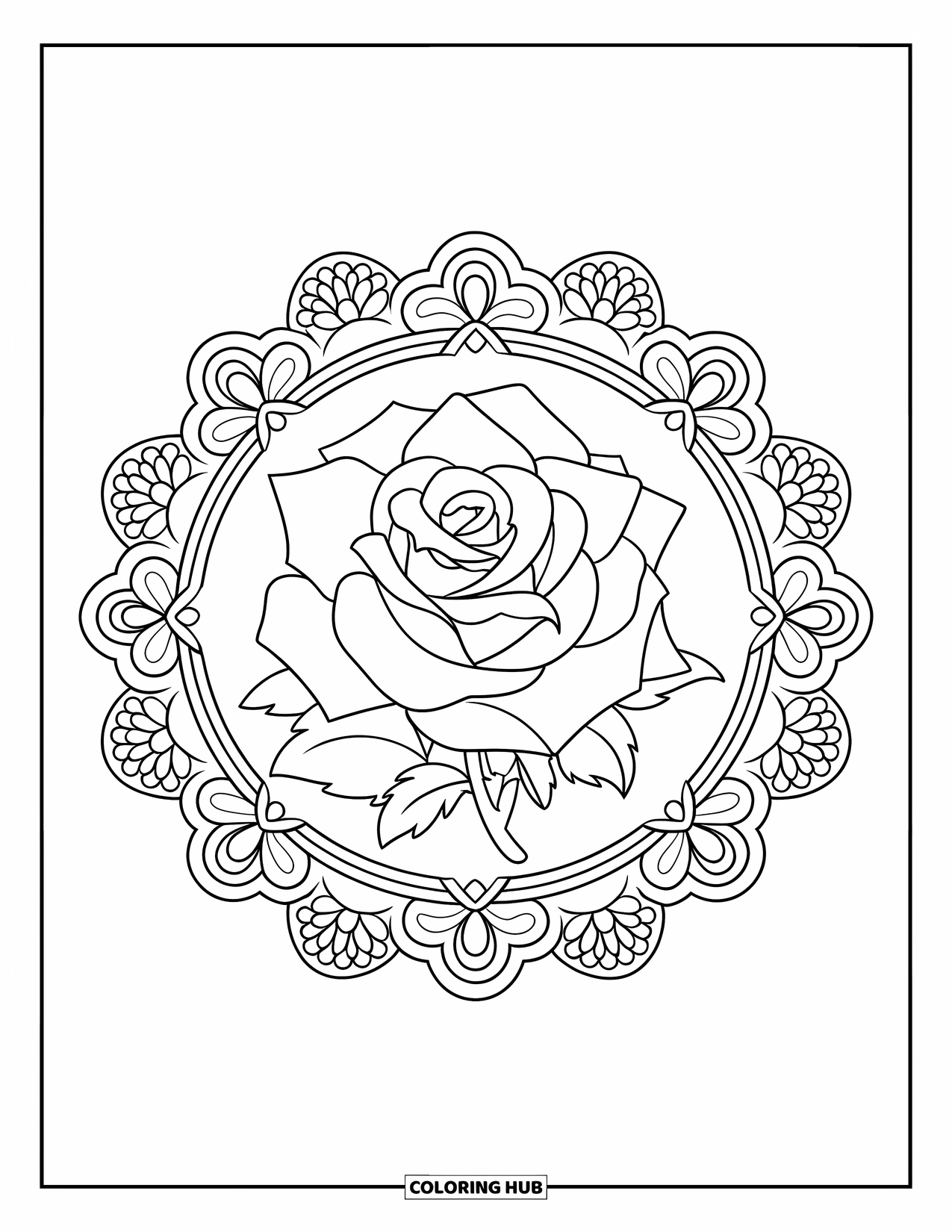 Desenho de rosa para colorir para crianças: Uma rosa com contorno marcante colocada no centro de uma moldura floral intrincada semelhante a renda