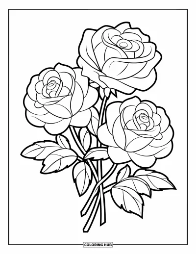 Rose Coloring Page for Kids: A bouquet of three roses with simple, clean outlines for easy coloring