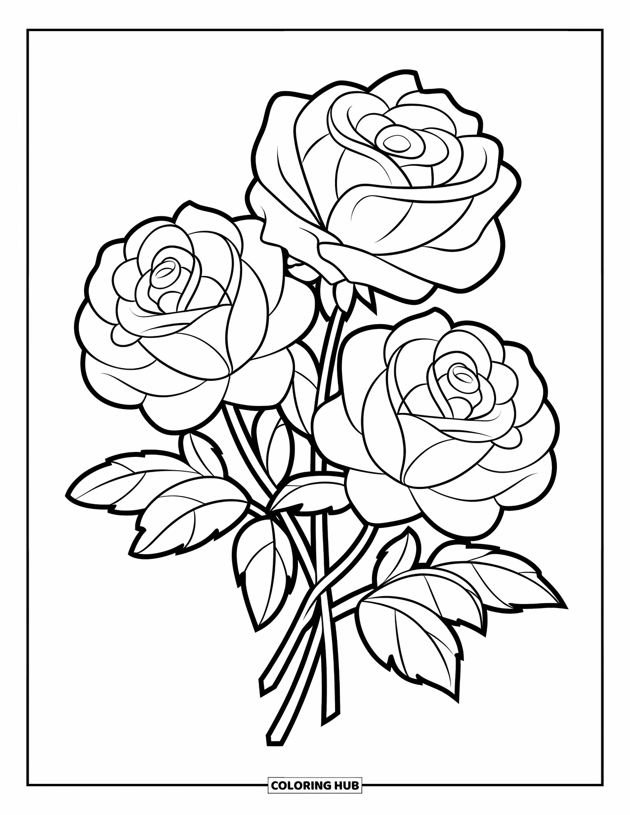 Desenho de rosa para colorir para crianças: Um buquê de três rosas com contornos simples e limpos para facilitar a coloração