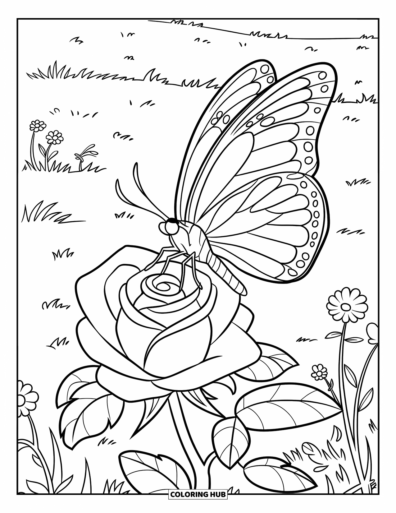Desenho de rosa para colorir para crianças: Uma borboleta e uma rosa em um prado tranquilo de flores silvestres