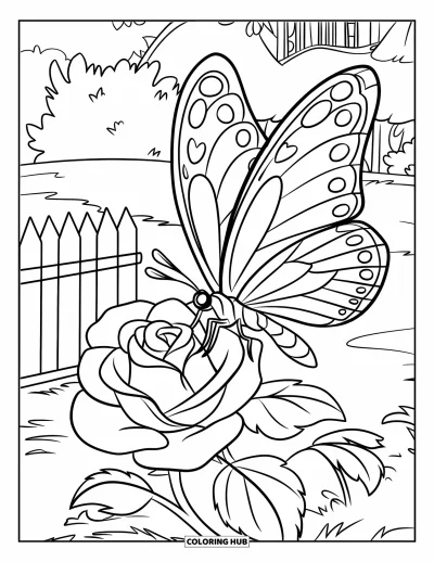 Rose Coloring Page for Kids: A butterfly with vibrant wings touching the petals of a blooming rose