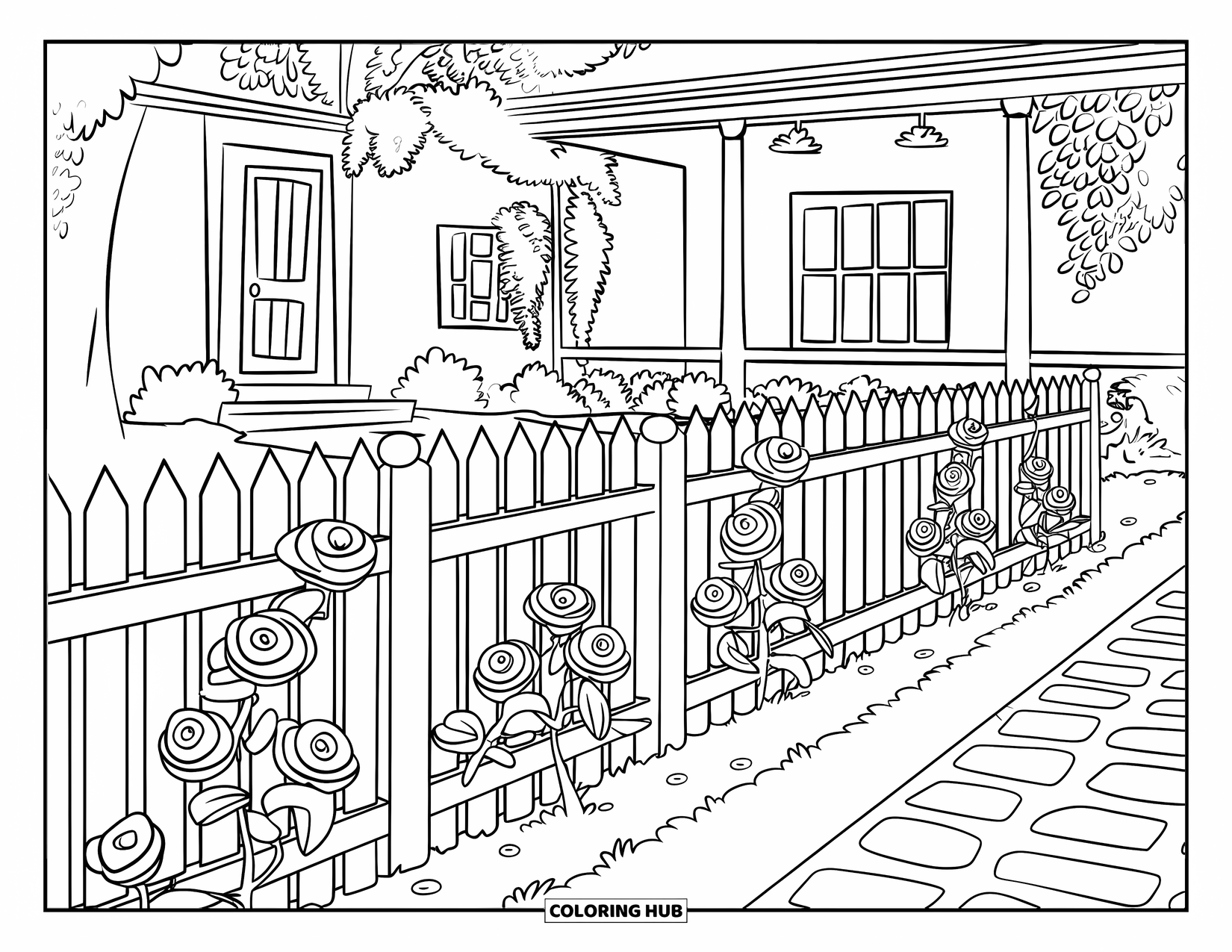 Desenho de rosa para colorir para crianças: Uma cena de jardim encantadora com rosas crescendo ao longo de uma cerca de piquete e um caminho de paralelepípedos
