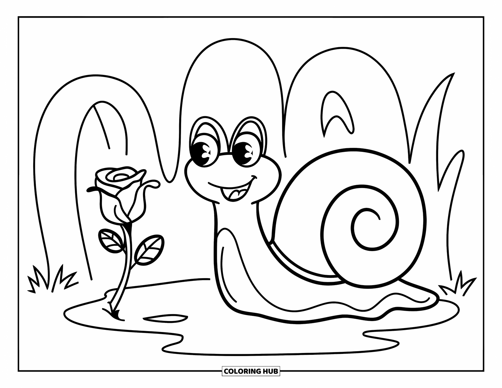 Desenho de rosa para colorir para crianças: Um caracol alegre perto de uma rosa delicada, descansando na grama
