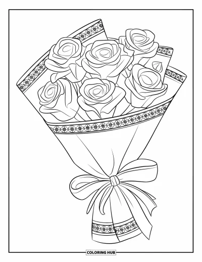Rose Coloring Page for Kids: A classic rose bouquet wrapped in decorative paper, tied with a ribbon