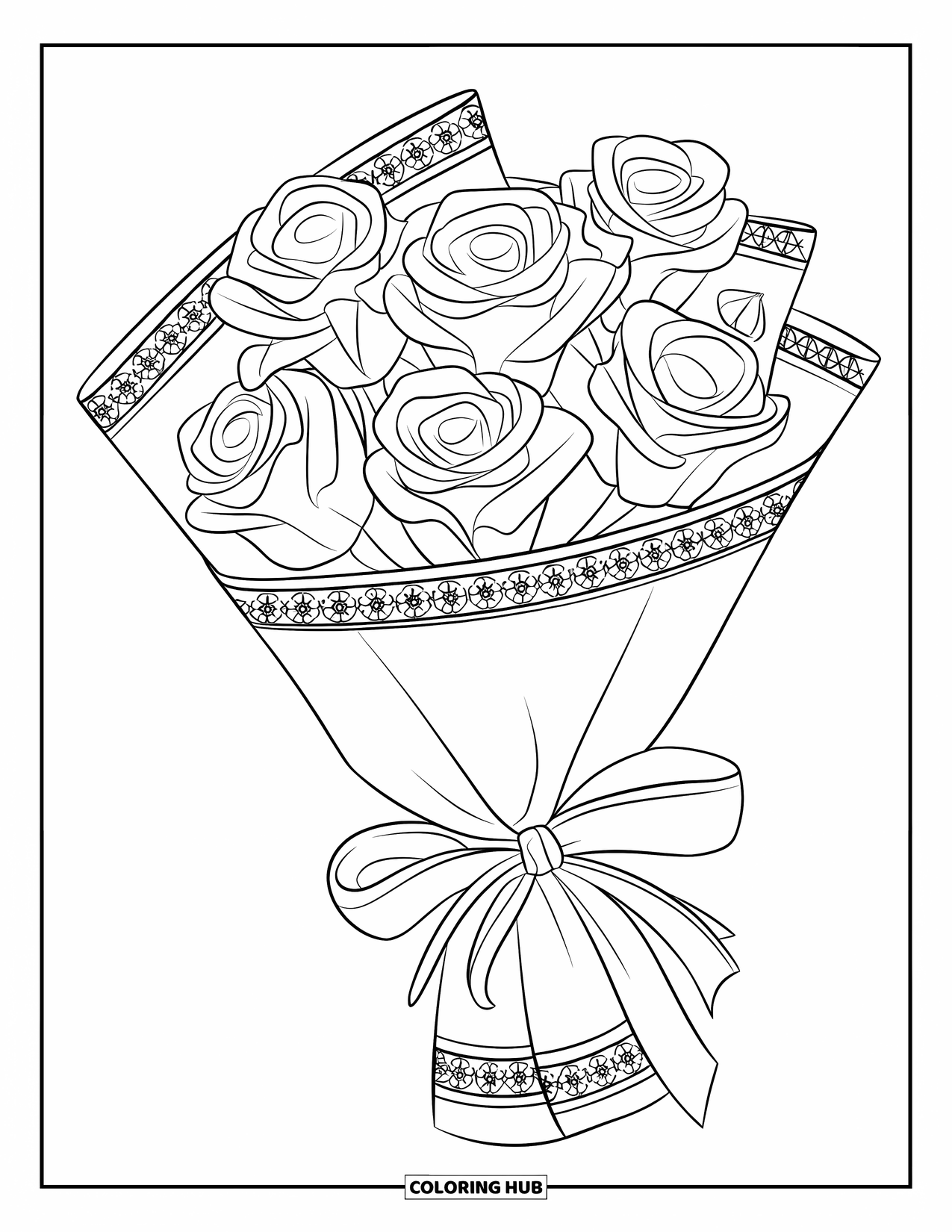 Desenho de rosa para colorir para crianças: Um buquê de rosas clássico embrulhado em papel decorativo, amarrado com uma fita