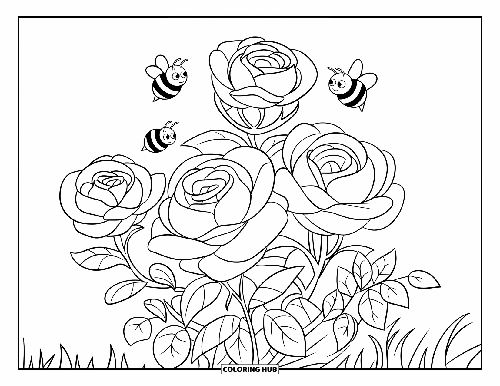 Desenho de rosa para colorir para crianças: Um aglomerado de rosas selvagens com pétalas redondas e abelhas zumbindo por perto