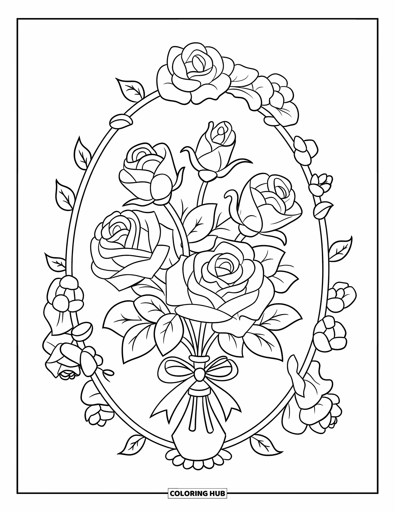 Desenho de rosa para colorir para crianças: Uma moldura decorativa preenchida com rosas florescendo em vários estágios de crescimento