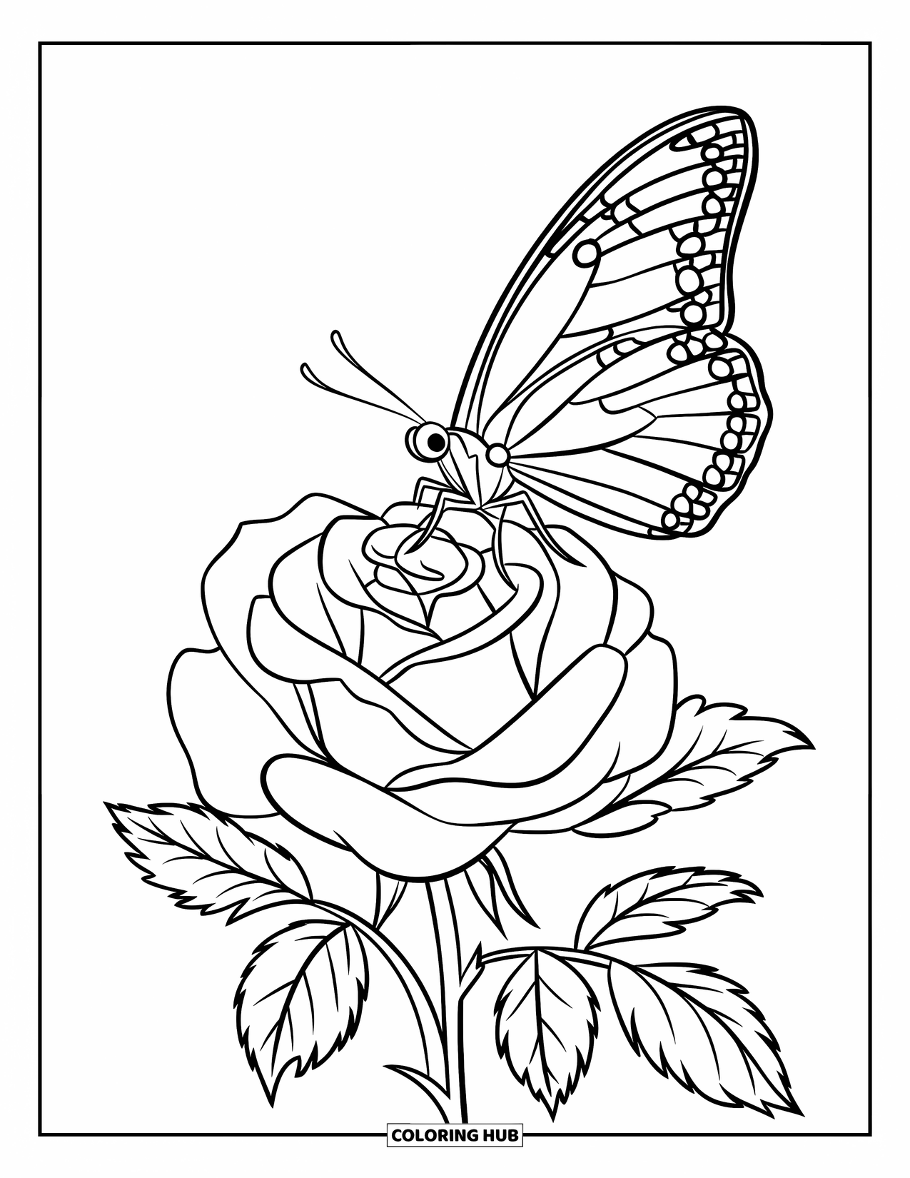 Desenho de rosa para colorir para crianças: Uma borboleta delicada pousada em uma rosa, com as asas bem abertas