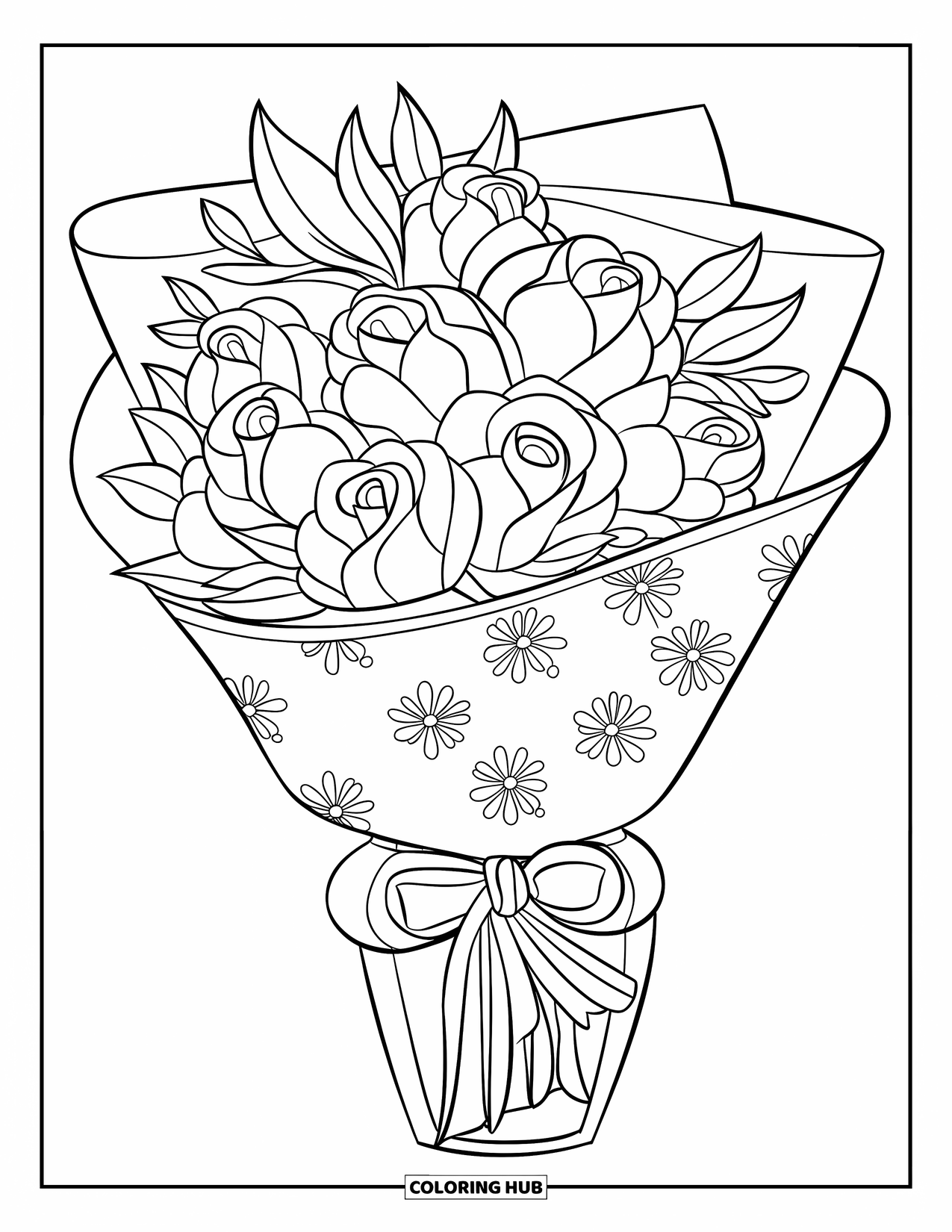 Desenho de rosa para colorir para crianças: Um buquê floral com rosas rosa e vermelhas embrulhado em papel decorativo