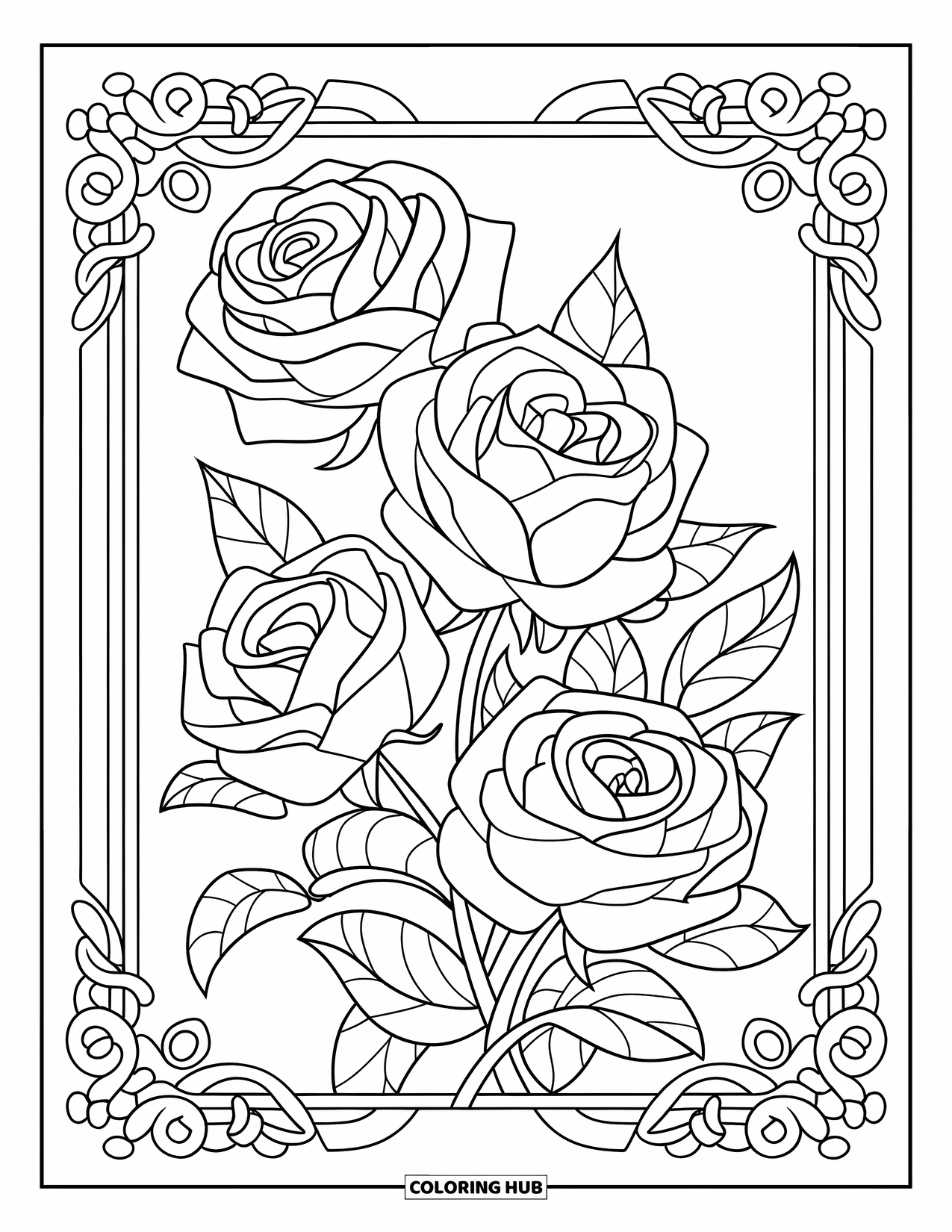 Desenho de rosa para colorir para crianças: Uma moldura decorativa com tema floral envolvendo um buquê de rosas lindamente arranjado