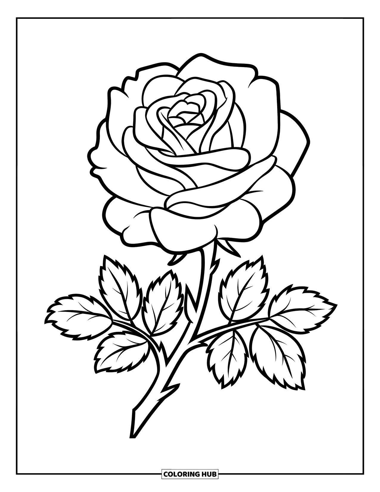 Desenho de rosa para colorir para crianças: Uma rosa totalmente desabrochada com um caule resistente e folhas marcantes