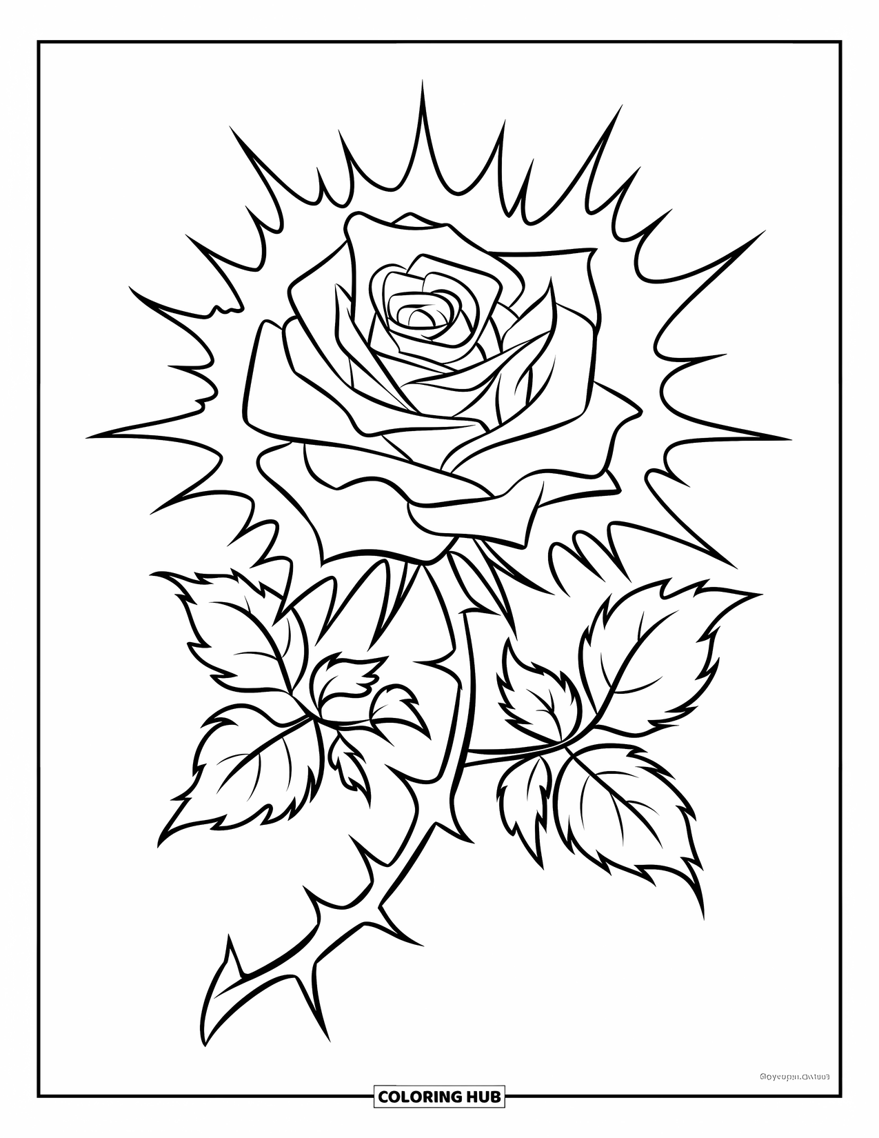 Desenho de rosa para colorir para crianças: Uma rosa de inspiração gótica com espinhos afiados e elegantes e uma aura escura e misteriosa