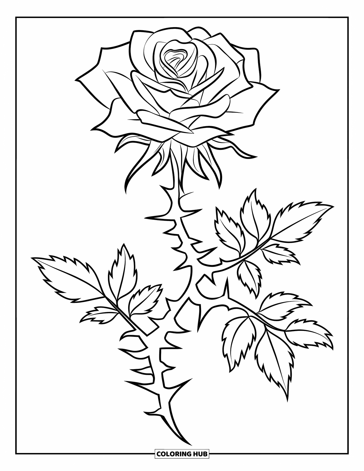 Desenho de rosa para colorir para crianças: Uma rosa de inspiração gótica com espinhos afiados e elegantes e uma aura misteriosa