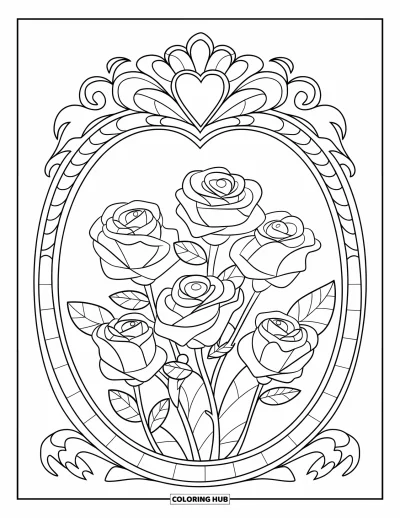 Rose Coloring Page for Kids: A heart-adorned floral frame with a bunch of roses at its center