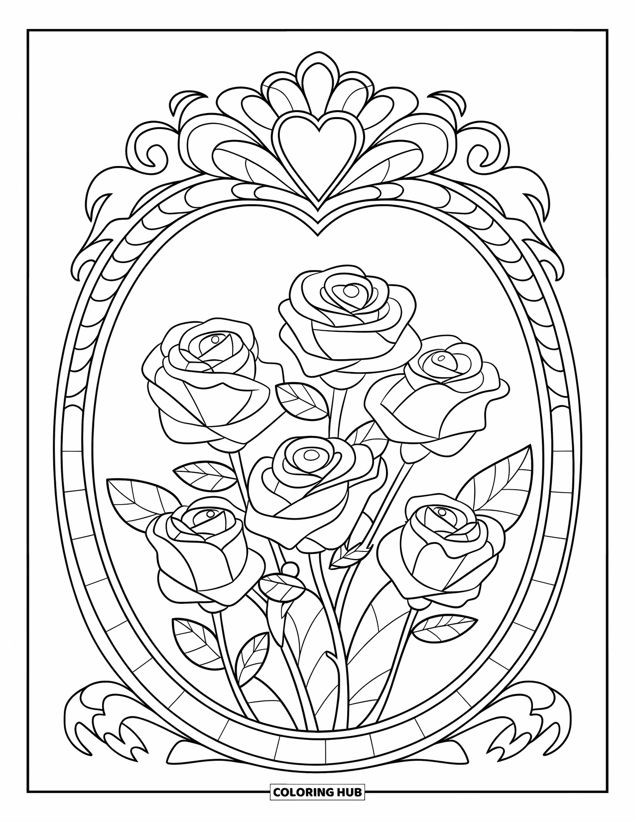 Desenho de rosa para colorir para crianças: Uma moldura floral adornada com um coração com um monte de rosas em seu centro