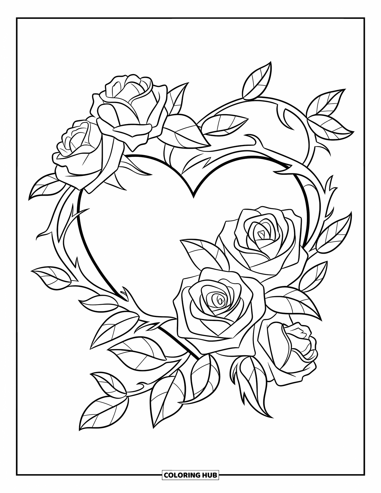 Desenho de rosa para colorir para crianças: Um coração cercado por trepadeiras de rosas detalhadas, criando um visual marcante e elegante
