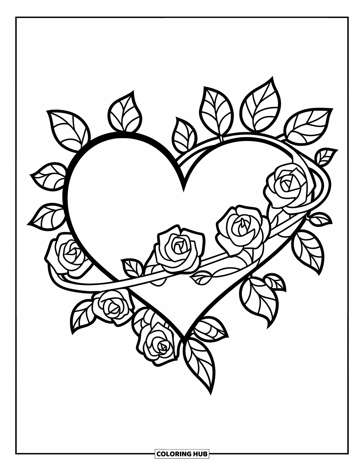 Desenho de rosa para colorir para crianças: Um coração envolto em trepadeiras de rosas elegantes, criando um design romântico e decorativo