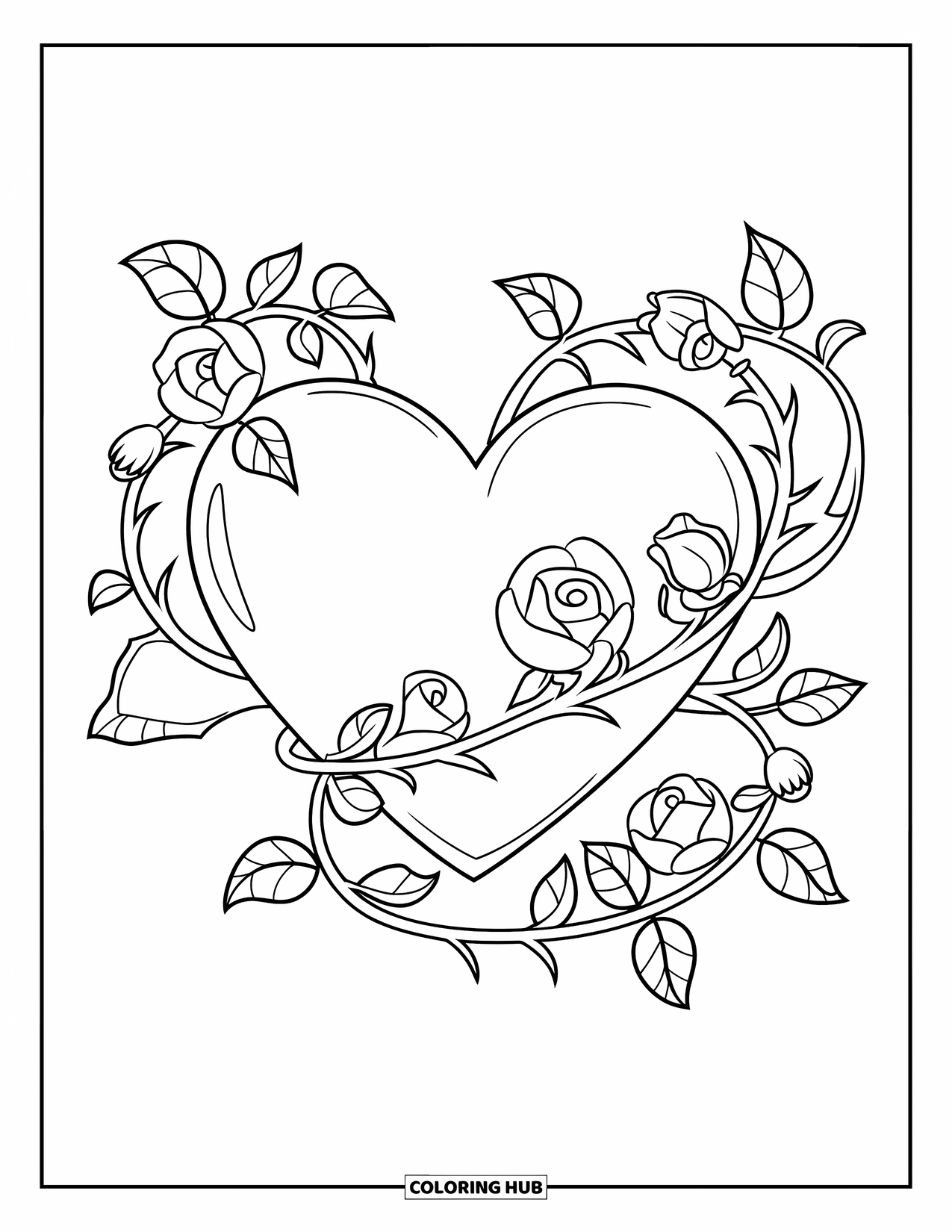 Desenho de rosa para colorir para crianças: Um coração envolto em trepadeiras de rosas, apresentando folhas e botões intrincados em um design central