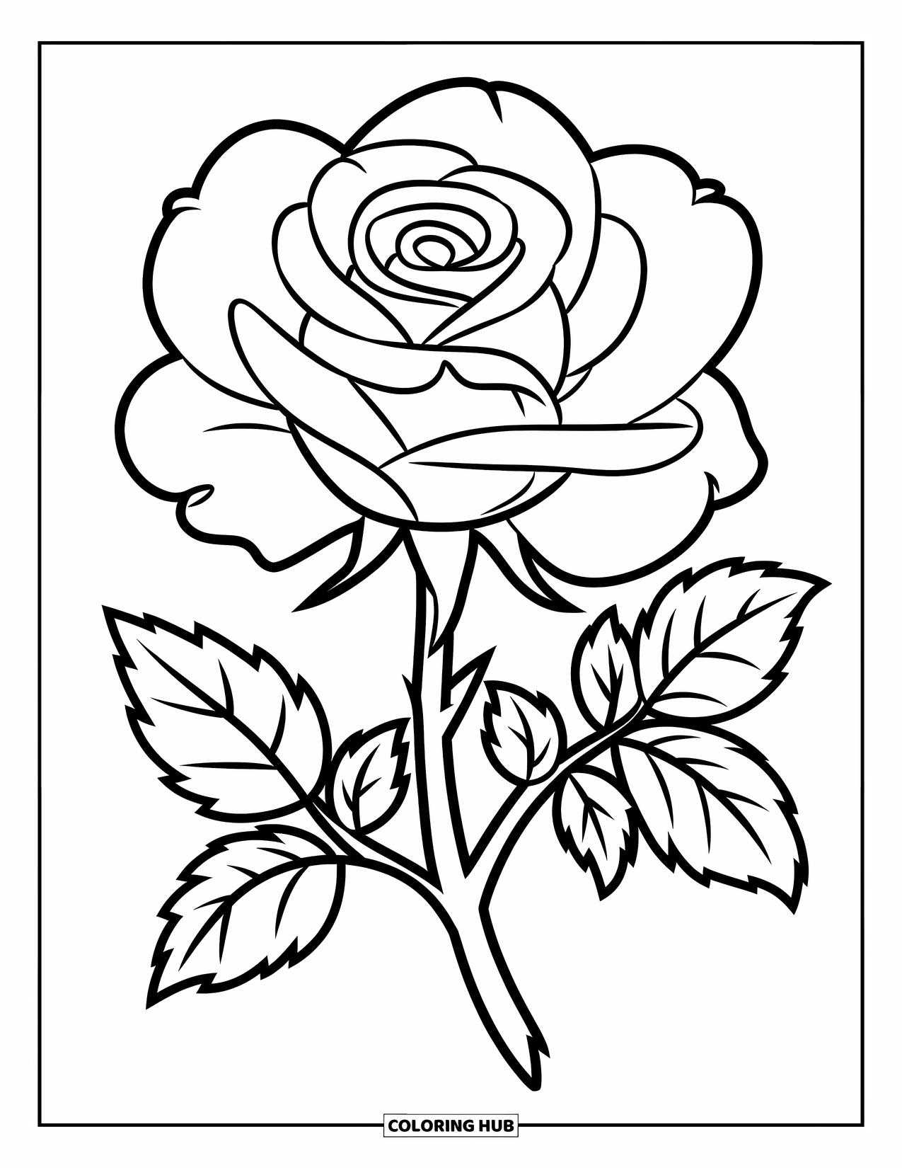 Desenho de rosa para colorir para crianças: Uma rosa grande com pétalas fortes e simples e um formato elegante