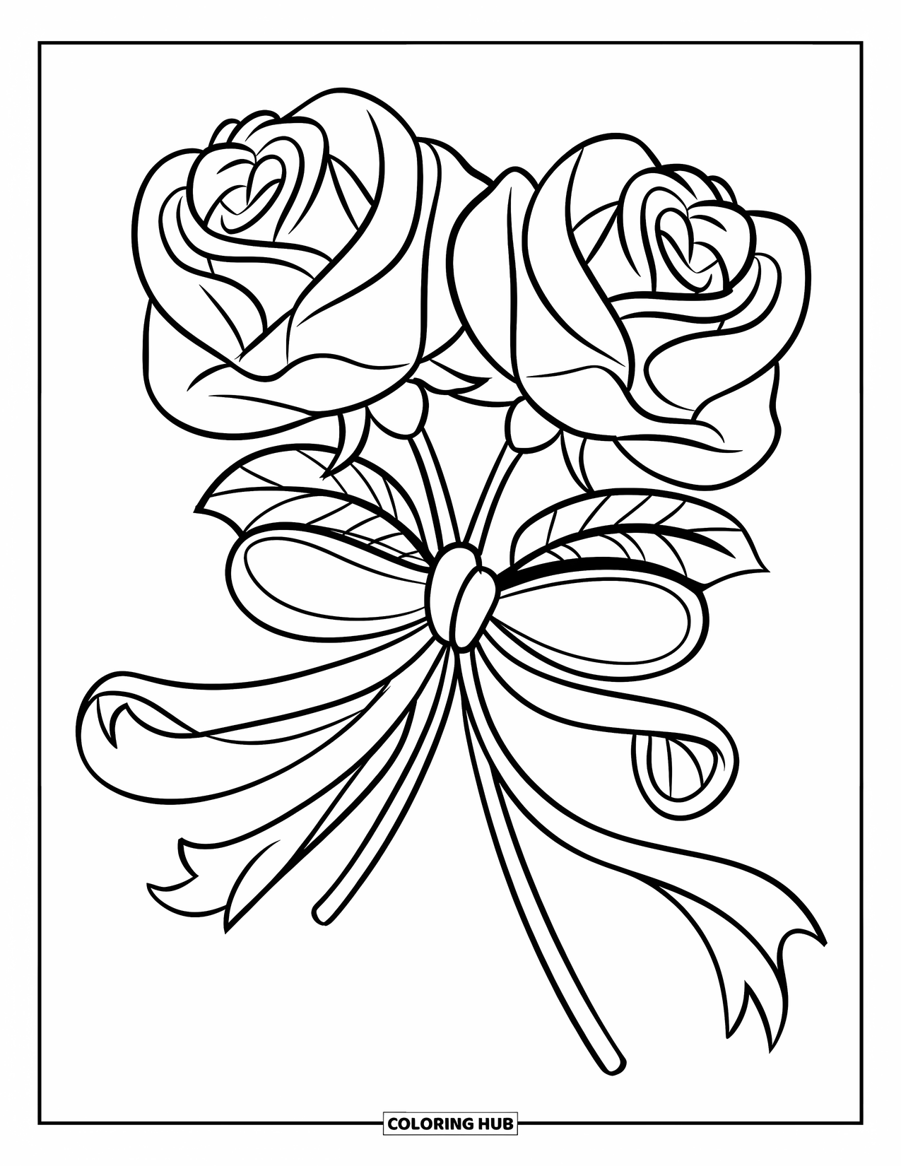 Desenho de rosa para colorir para crianças: Um par de rosas amarradas com uma fita, acompanhadas por algumas folhas