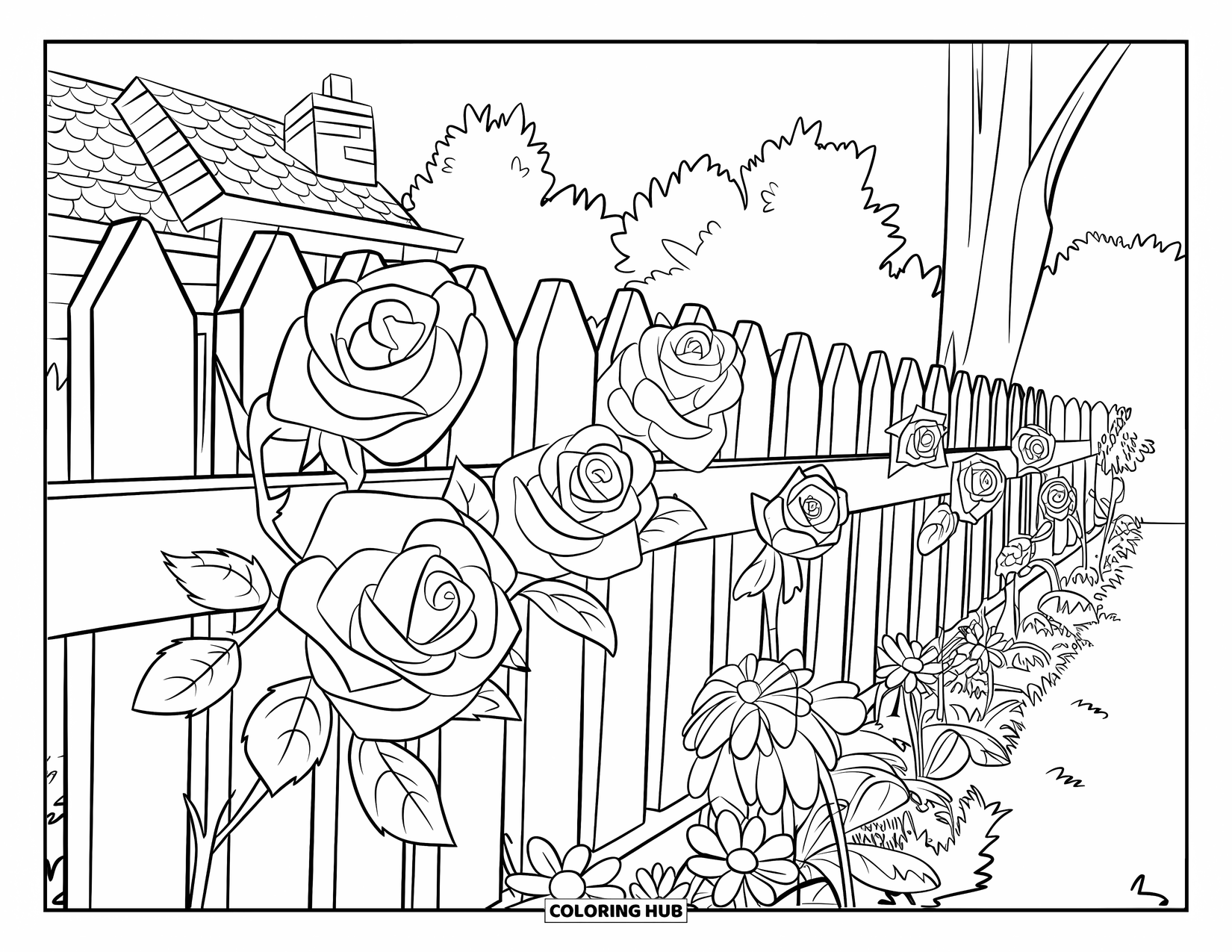 Desenho de rosa para colorir para crianças: Uma cerca de piquete com rosas, margaridas e uma casa com uma chaminé ao fundo
