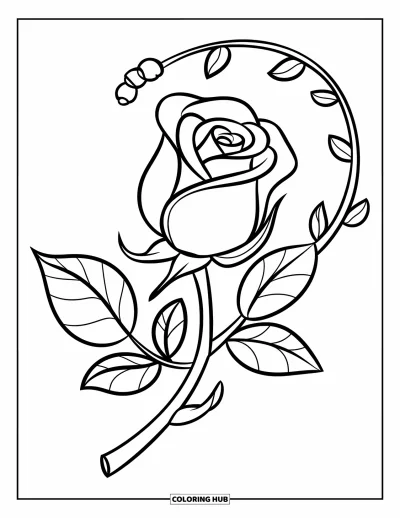 Rose Coloring Page for Kids: A playful rosebud with curling vines and large, expressive leaves