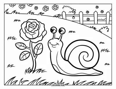 Rose Coloring Page for Kids: A playful snail sitting on a rose in a field with a fence
