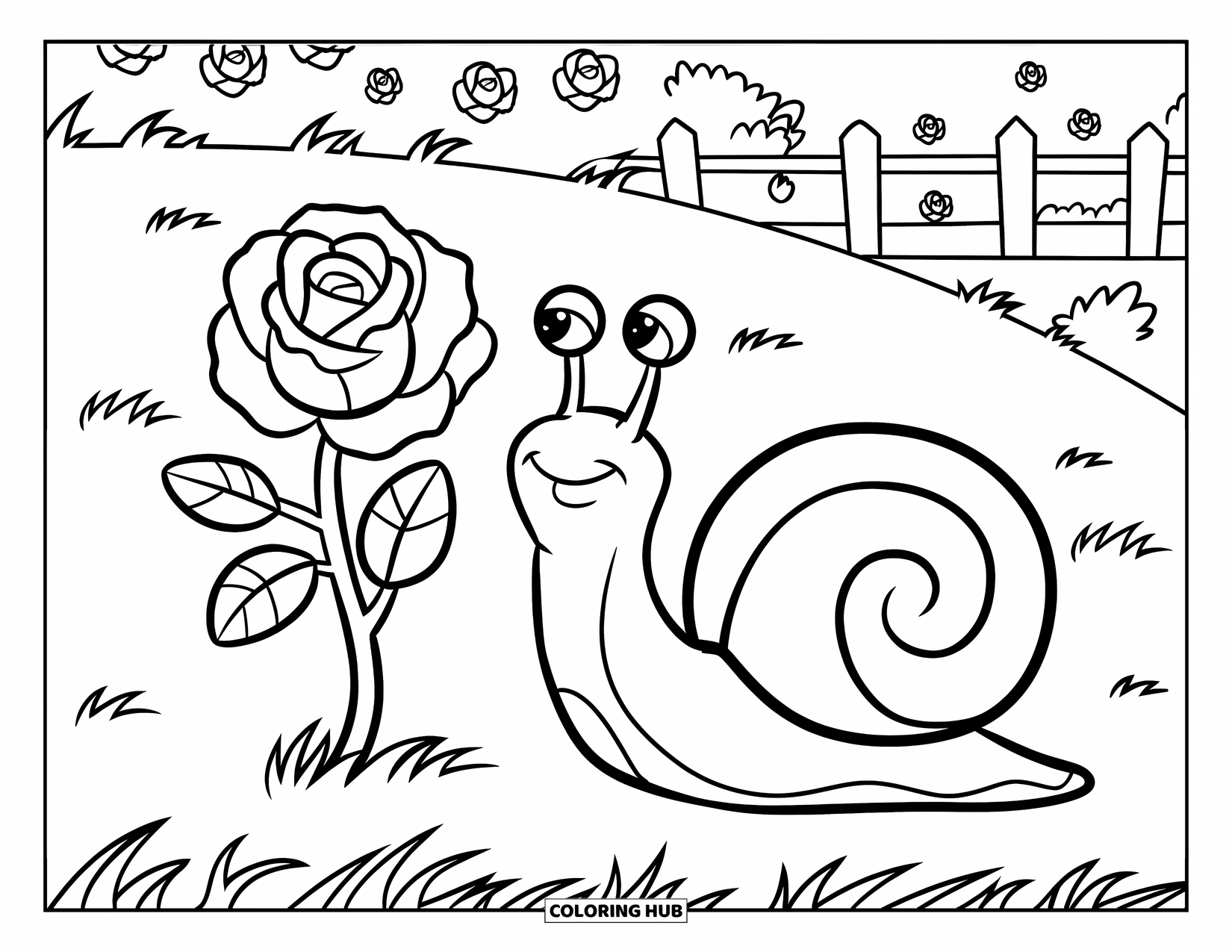 Desenho de rosa para colorir para crianças: Um caracol brincalhão sentado em uma rosa em um campo com uma cerca
