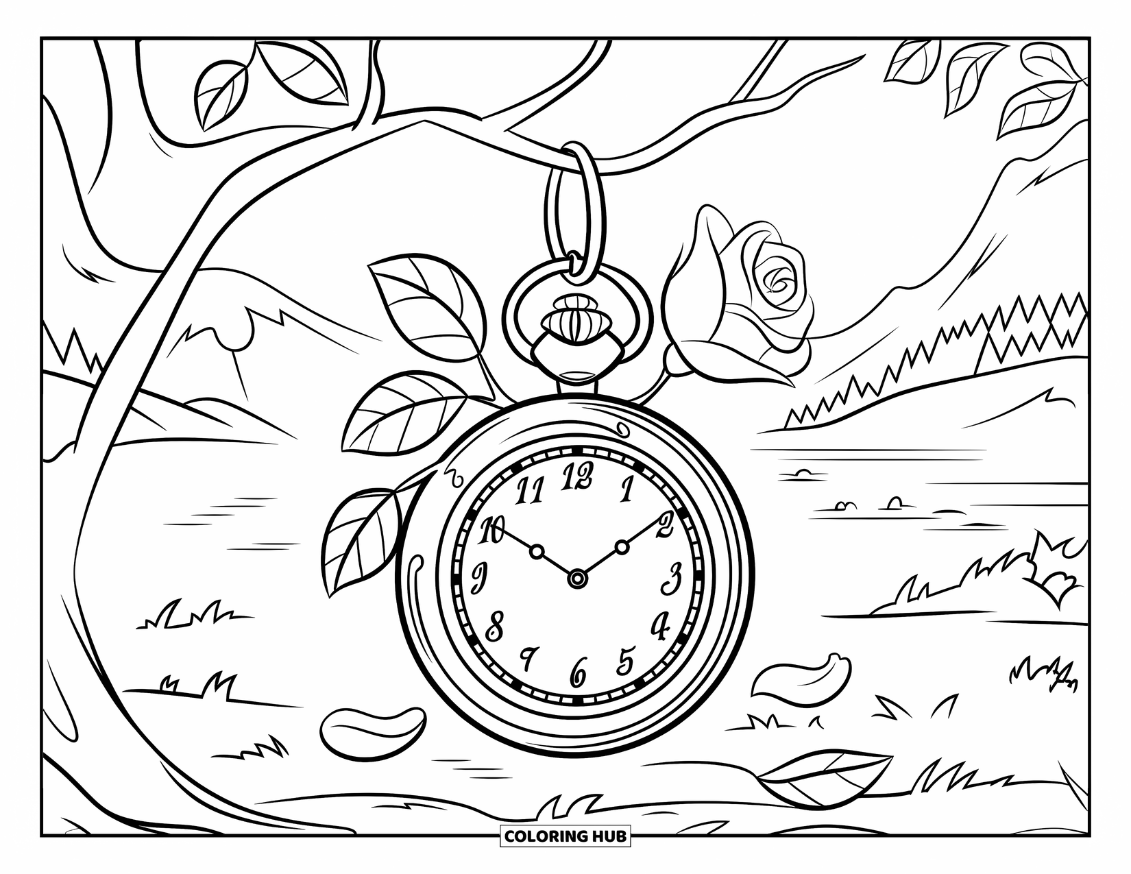 Desenho de rosa para colorir para crianças: Um relógio de bolso pendurado em um galho, cercado por folhas e pétalas espalhadas