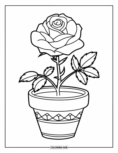 Rose Coloring Page for Kids: A potted rose plant with a single flower and two simple leaves