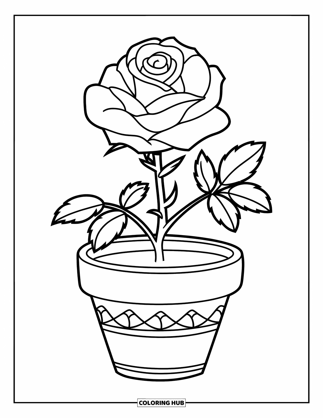 Desenho de rosa para colorir para crianças: Uma roseira em vaso com uma única flor e duas folhas simples