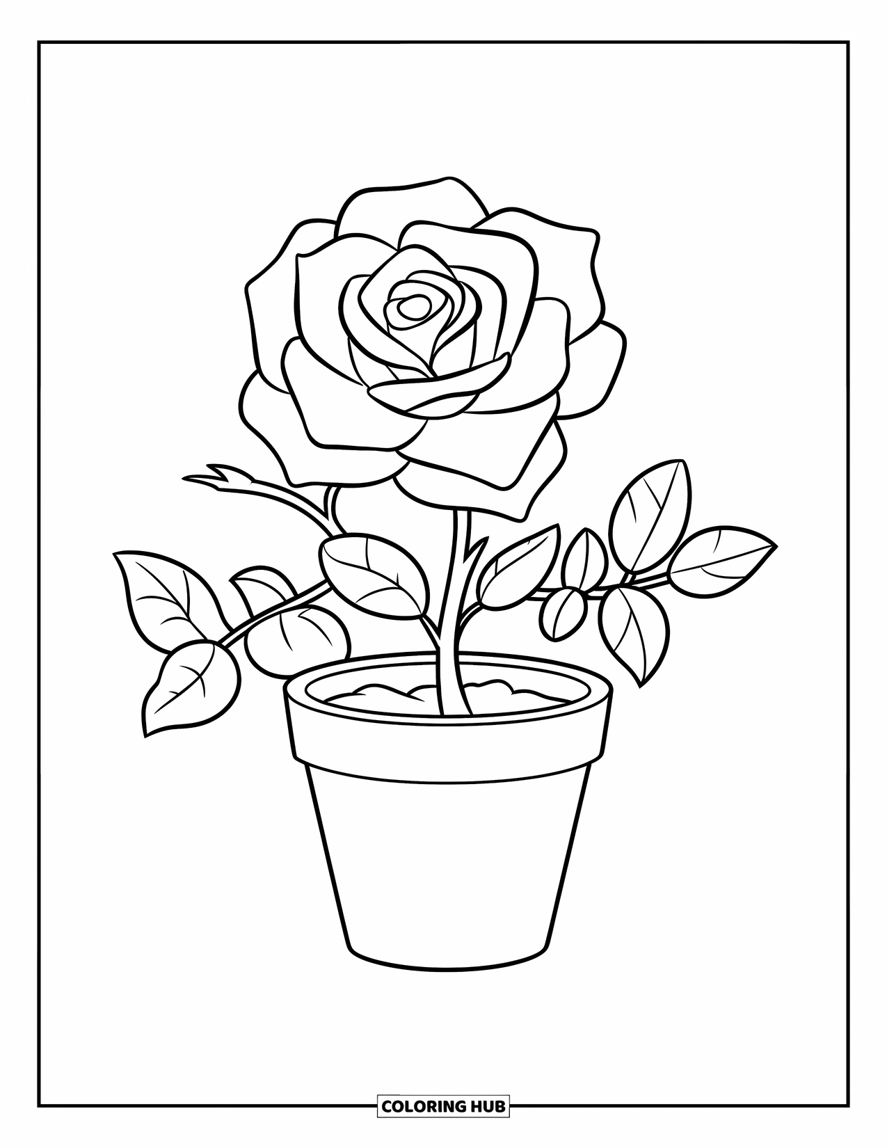 Desenho de rosa para colorir para crianças: Uma rosa em vaso com contornos marcantes, apresentando uma flor grande e duas folhas